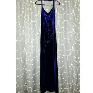 Vintage Niki Livas Beaded Blue Velvet Halter Dress Long Evening Gown Size 16